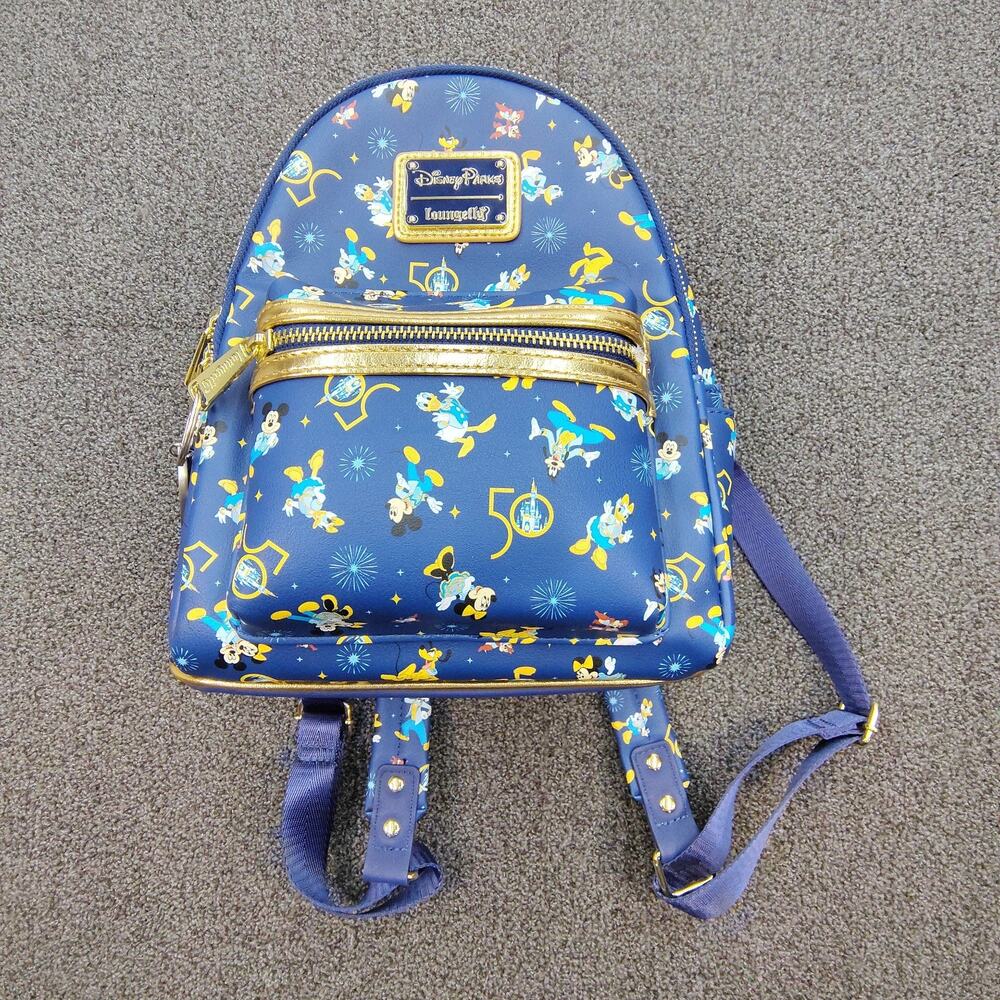 Loungefly Disney Parks 50th Anniversary Character Print Mini Backpack Blue/Gold